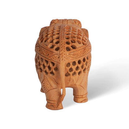 Hand Carved Wooden Elephant Sculpture with Baby Inside – Intricate Lattice Work Indian Wood Figurine