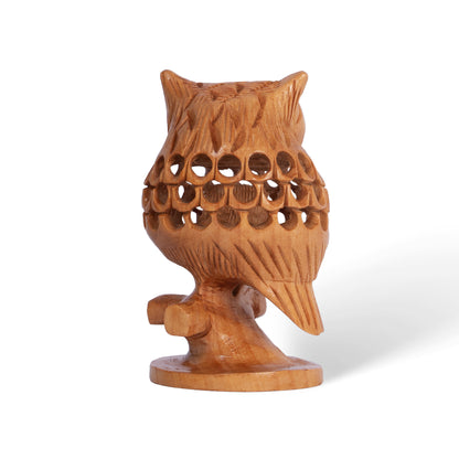 Hand Carved Wooden Mother Owl with Baby – Intricate Owl Family Sculpture, Handmade Indian Wood Decor