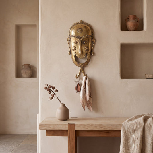Handcrafted Brass Tribal Face Wall Hook | Indian Dhokra Wall Decor & Key Holder