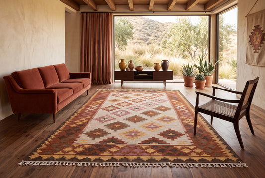 Handwoven Wool Kilim Dhurrie Rug – Traditional Geometric Flatweave