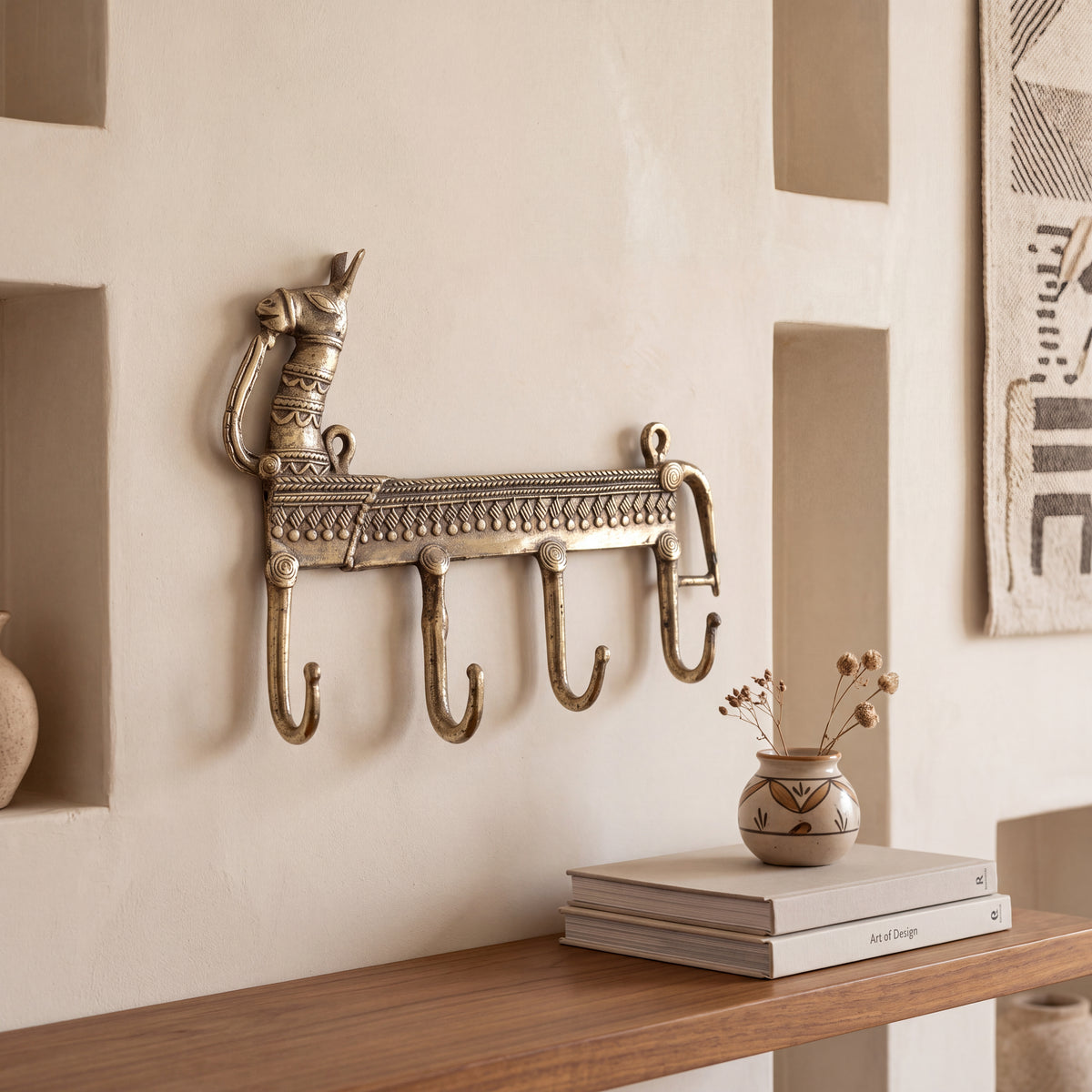 Handcrafted Brass Elephant Wall Hook | Indian Tribal Animal Wall Decor & Key Holder