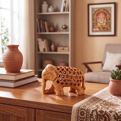 Hand Carved Wooden Elephant Sculpture – Intricate Openwork Lattice Design, Indian Wooden Elephant Figurine