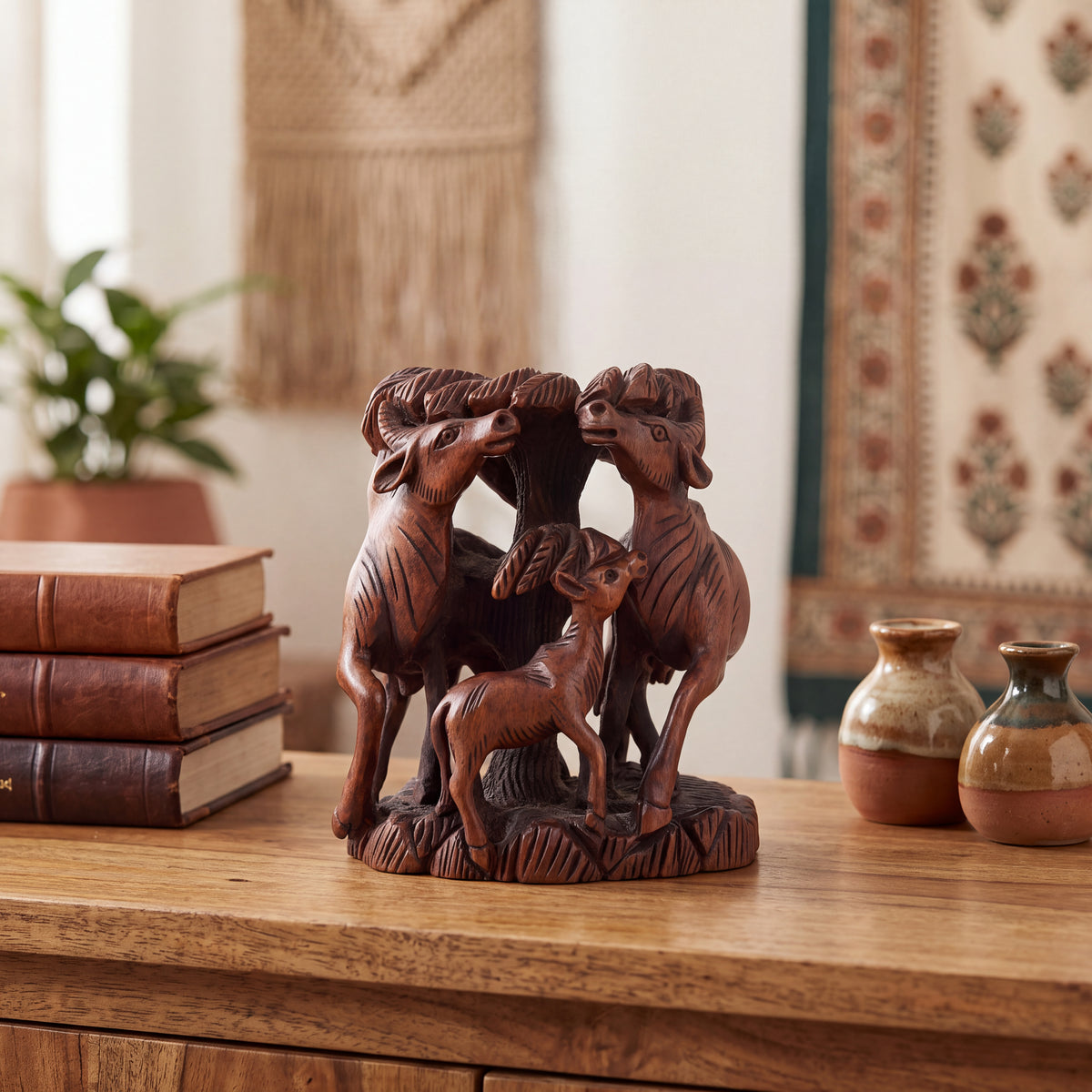 Handcrafted Wooden Deer Family Sculpture – Indian Wood Carved Deer Figurine Home Decor