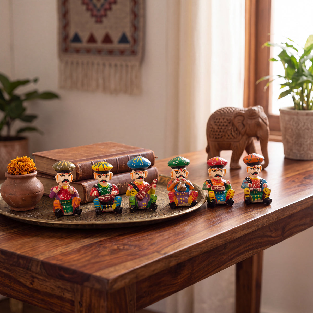Handcrafted Rajasthani Musician Figurines Set of 6 – Colorful Indian Folk Art Decorative Statues