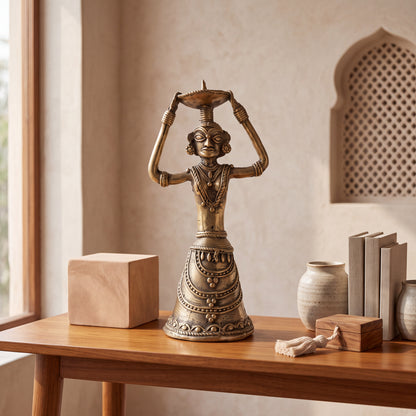 Dhokra Tribal Lady Brass Candle Holder | Handcrafted Indian Tribal Decor