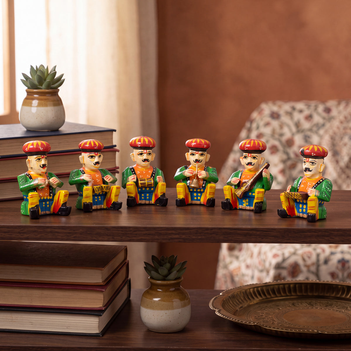 Handcrafted Rajasthani Musician Figurines Set of 6 – Colorful Indian Folk Art Decorative Statues
