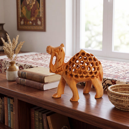 Hand Carved Wooden Camel Sculpture – Intricate Openwork Carved Camel Figurine, Handmade Indian Wood Decor