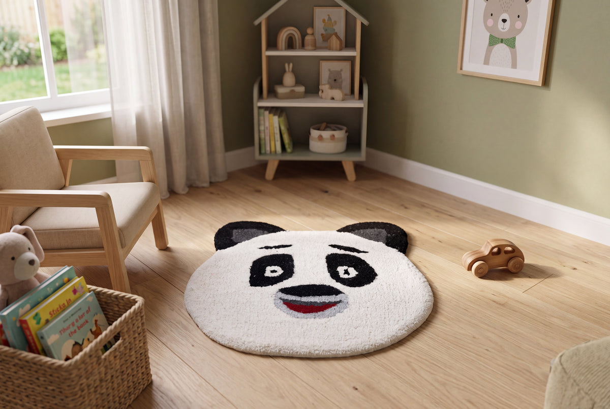 Hand Tufted Panda Face Rug – Cute Black & White Animal Shaped Wool Rug for Kids Room, Nursery & Playroom Décor | 1.3 × 1.2 Feet