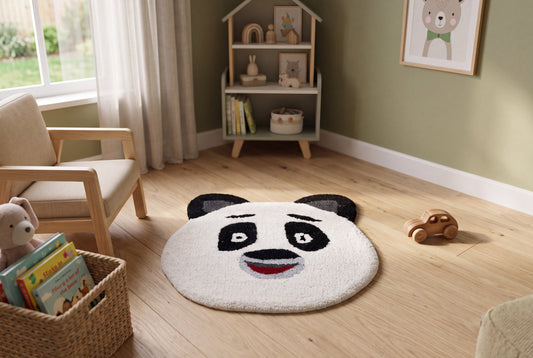 Hand Tufted Panda Face Rug – Cute Black & White Animal Shaped Wool Rug for Kids Room, Nursery & Playroom Décor | 1.3 × 1.2 Feet