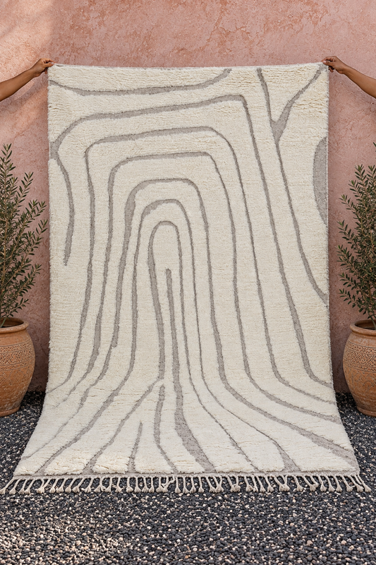 Moroccan Ivory Wool Rug – 100% New Zealand Wool | Handwoven Abstract Line Pattern Rug
