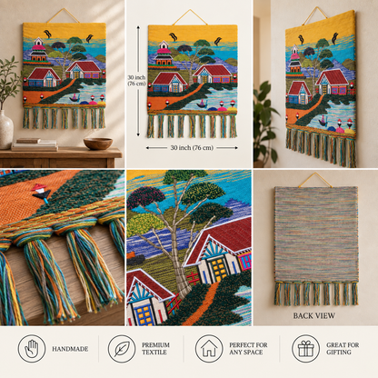 Handwoven Village Wall Hanging Tapestry, Colorful Landscape Textile Wall Art, Handmade Boho Home Decor, 30 x 30 Inch