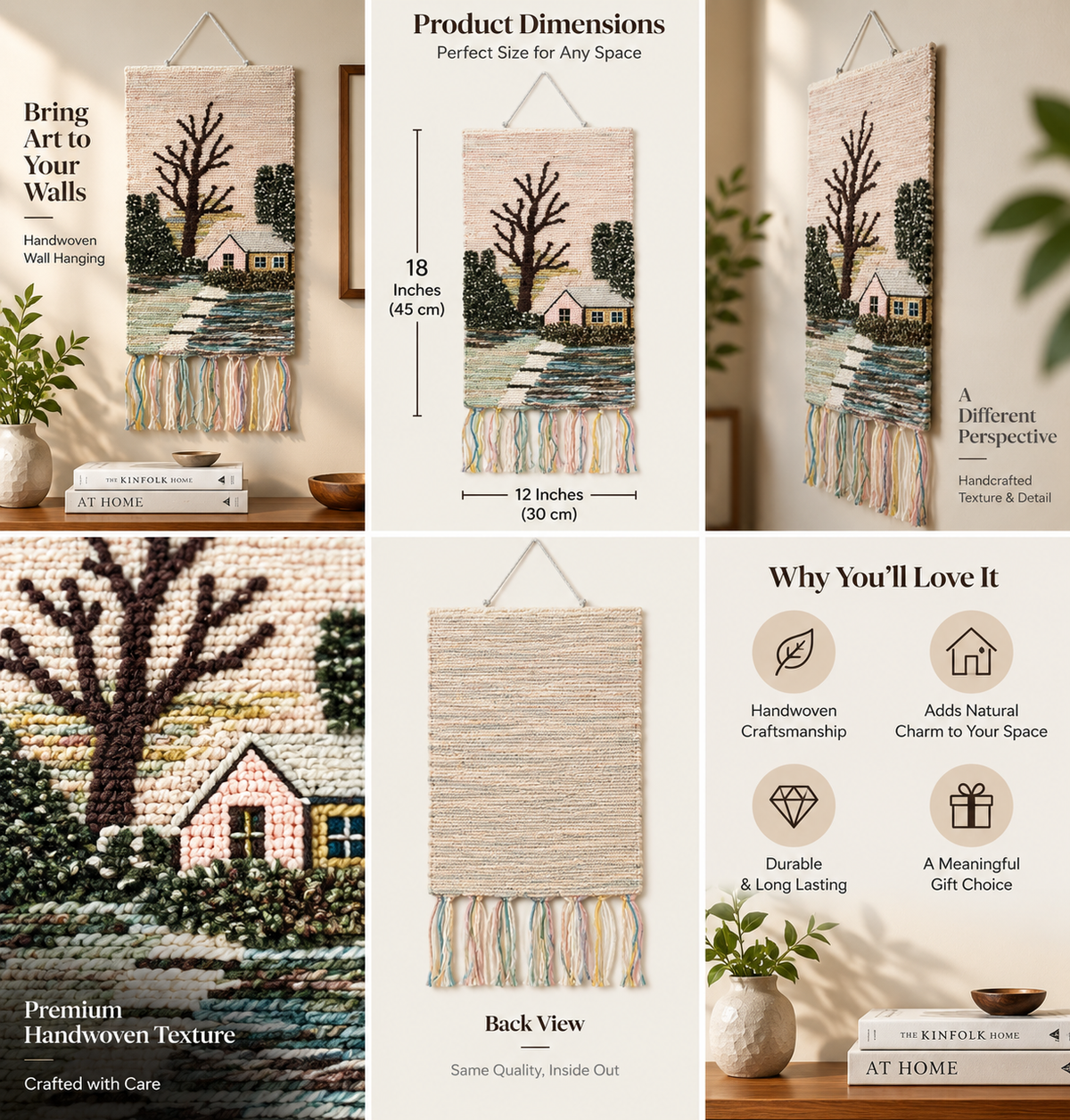 Handwoven Winter Village Tapestry, 18x12 Inch, Rustic Cottage Wall Hanging