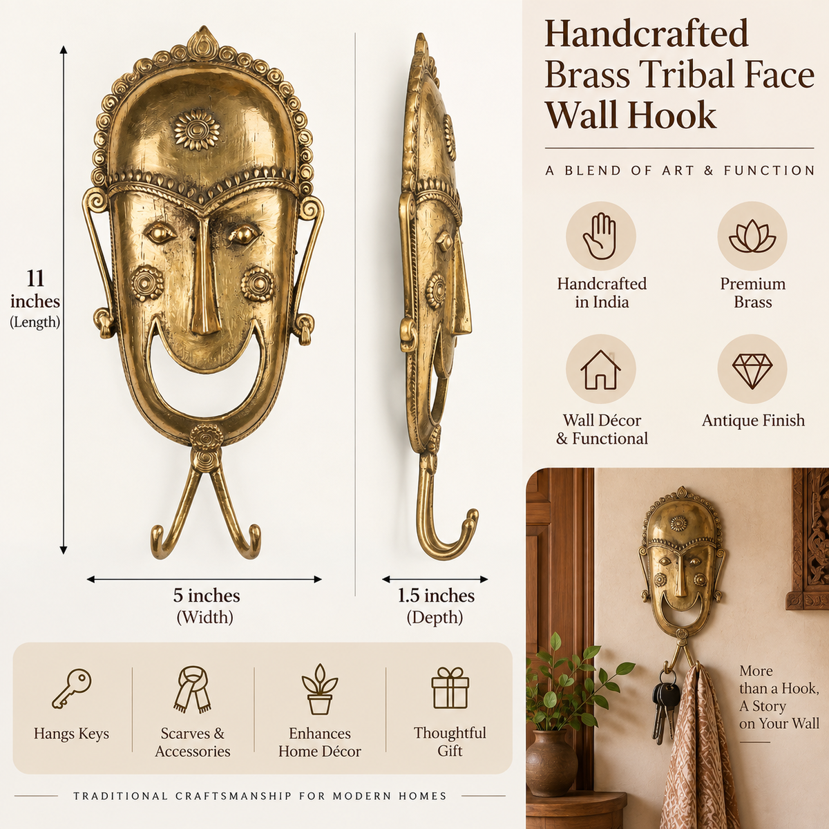 Handcrafted Brass Tribal Face Wall Hook | Indian Dhokra Wall Decor & Key Holder