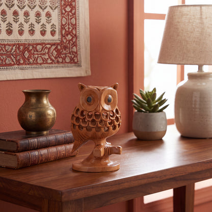 Hand Carved Wooden Mother Owl with Baby – Intricate Owl Family Sculpture, Handmade Indian Wood Decor