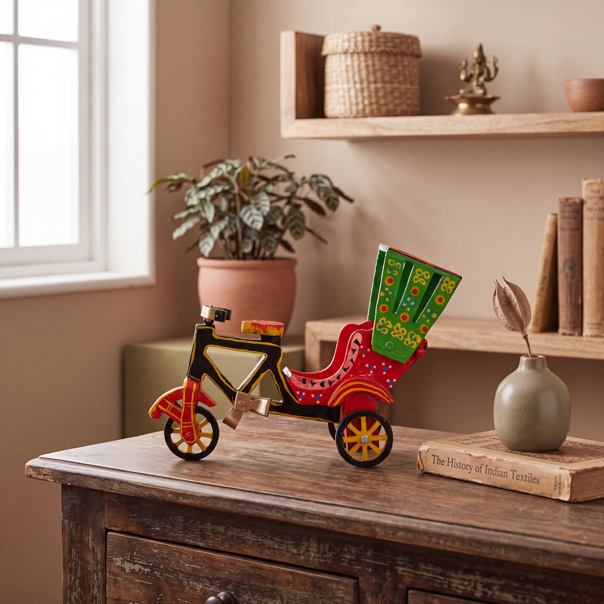 Handcrafted Wooden Cycle Rickshaw – Colorful Indian Folk Art Decorative Miniature