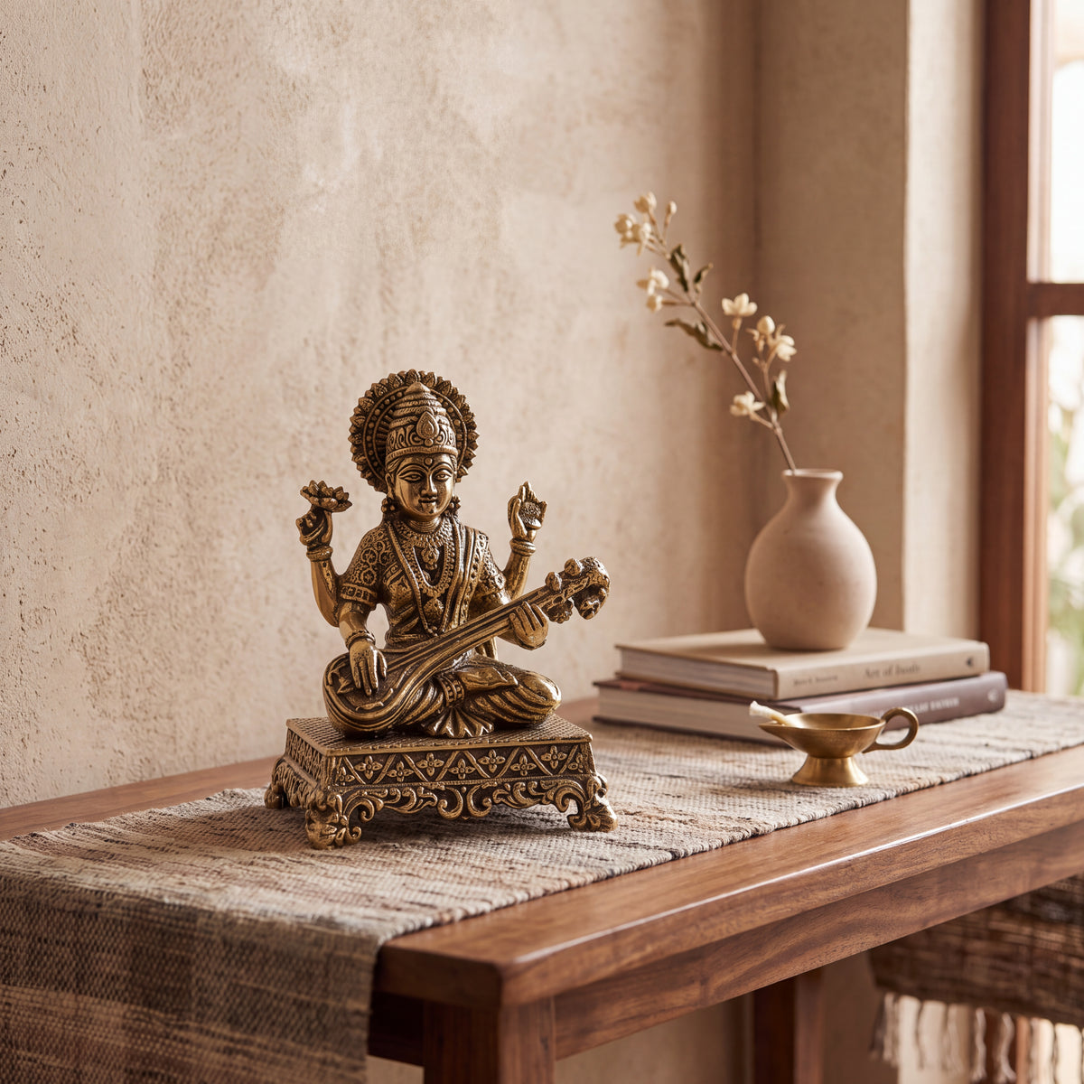 Handcrafted Brass Goddess Saraswati Statue – Veena Indian Spiritual & Home Decor