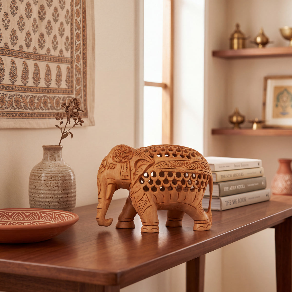 Hand Carved Wooden Elephant Sculpture with Baby Inside – Intricate Lattice Work Indian Wood Figurine
