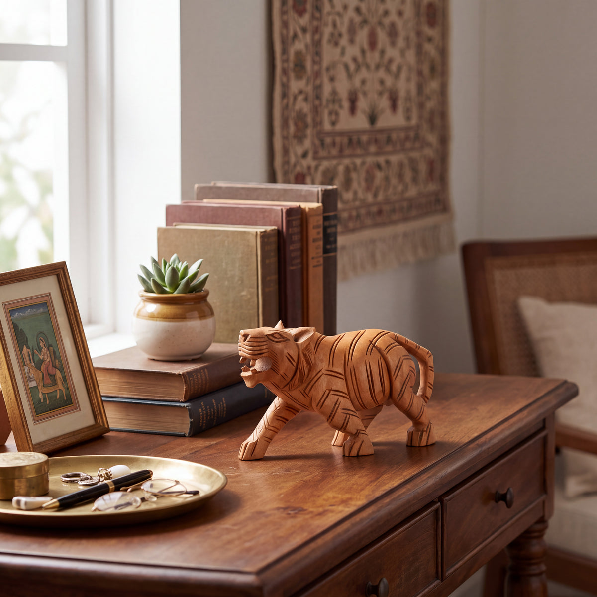 Hand Carved Wooden Tiger Sculpture – Traditional Indian Animal Figurine, Rustic Home Decor