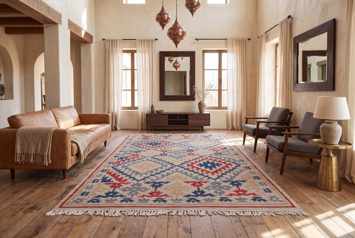 Handwoven Geometric Kilim Durrie Rug | Beige & Navy