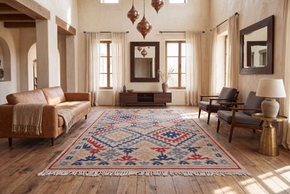 Handwoven Geometric Kilim Durrie Rug | Beige & Navy