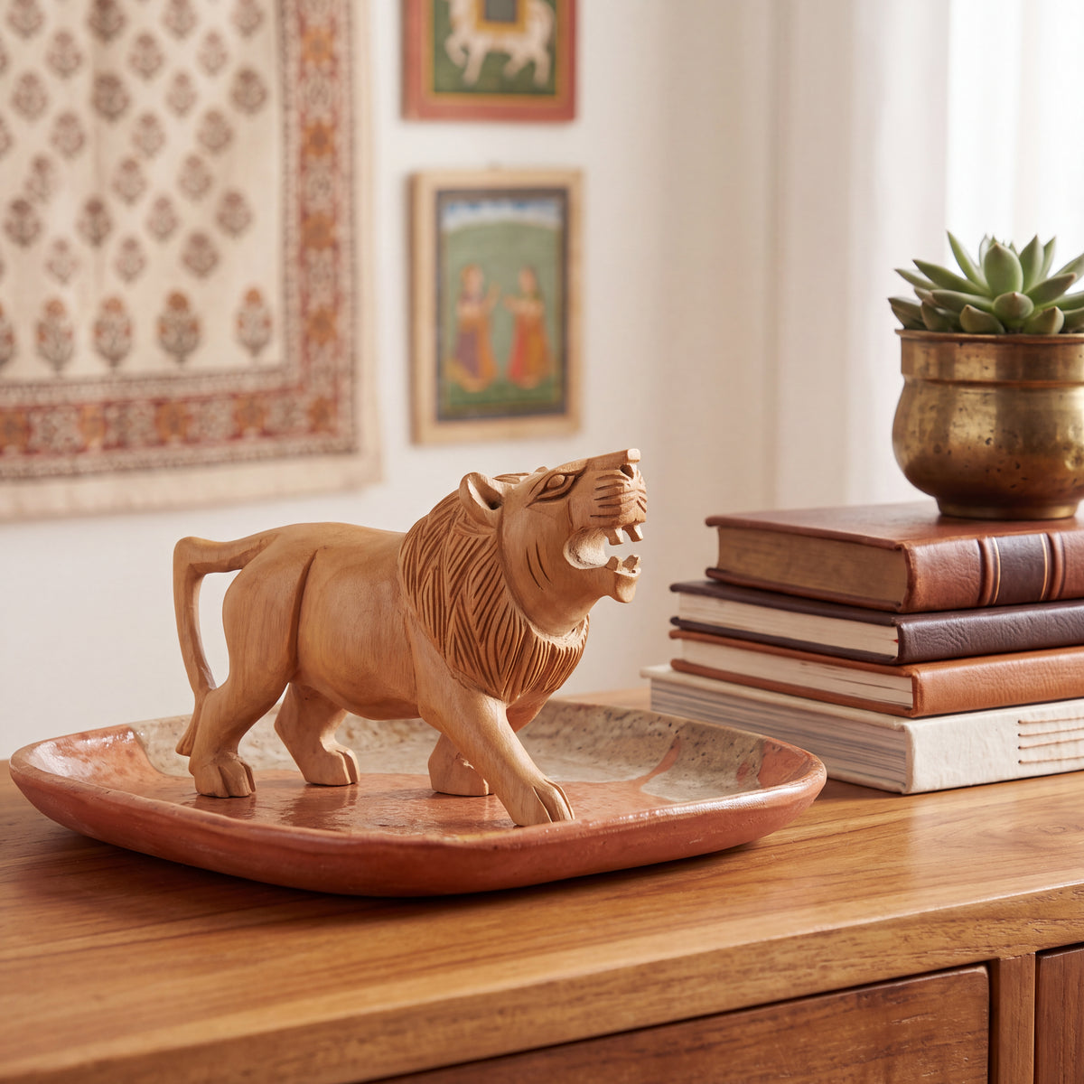 Hand Carved Wooden Lion Sculpture – Traditional Indian Wooden Lion Figurine for Home Décor