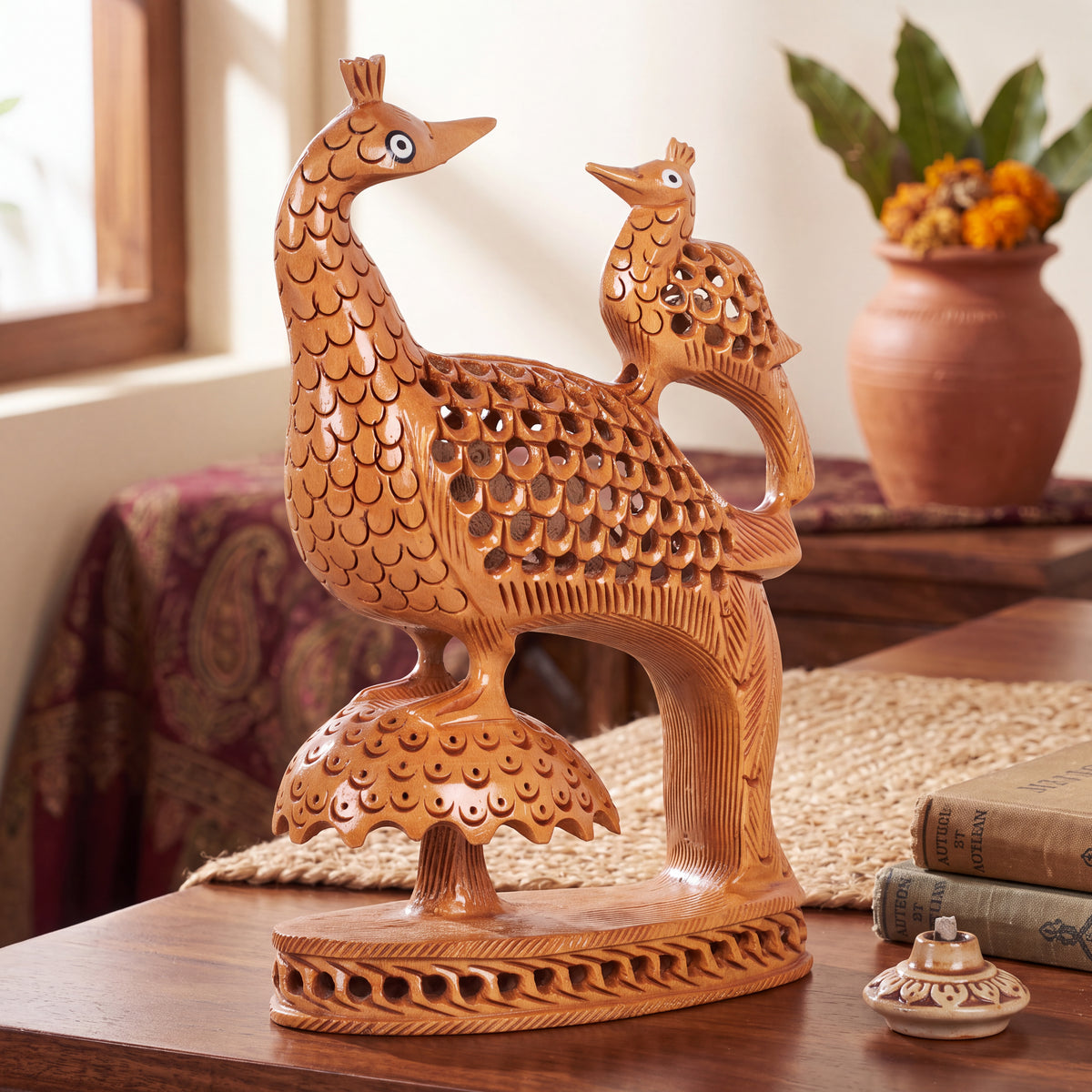Hand Carved Wooden Peacock Pair Sculpture – Traditional Indian Bird Figurine Home Décor