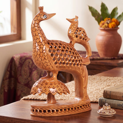 Hand Carved Wooden Peacock Pair Sculpture – Traditional Indian Bird Figurine Home Décor