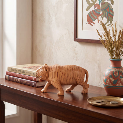 Hand Carved Wooden Tiger Sculpture – Traditional Indian Tiger Figurine for Home Décor