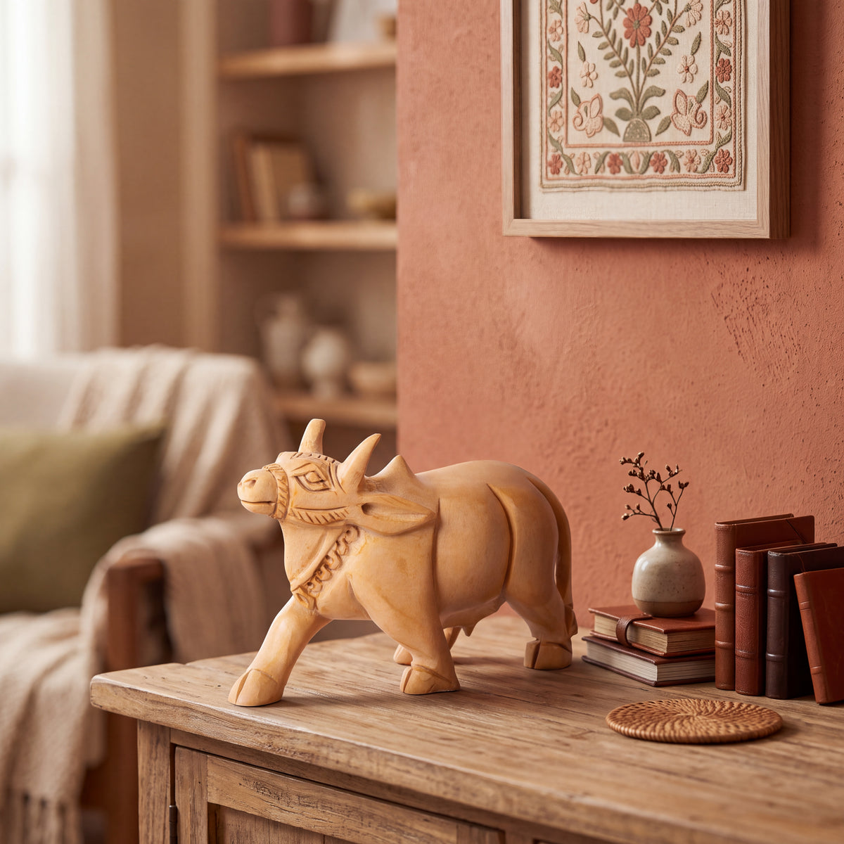 Hand Carved Wooden Cow Sculpture – Traditional Indian Wooden Cow Figurine for Home Décor