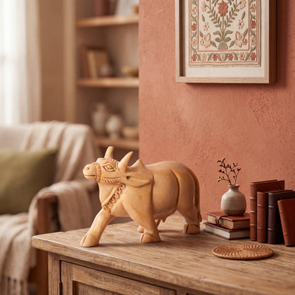 Hand Carved Wooden Cow Sculpture – Traditional Indian Wooden Cow Figurine for Home Décor