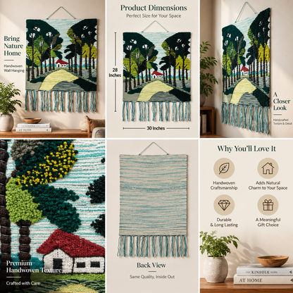 Handwoven Forest Landscape Tapestry, Cottage Pathway, Rustic Boho Wall Hanging (28x30 Inch)