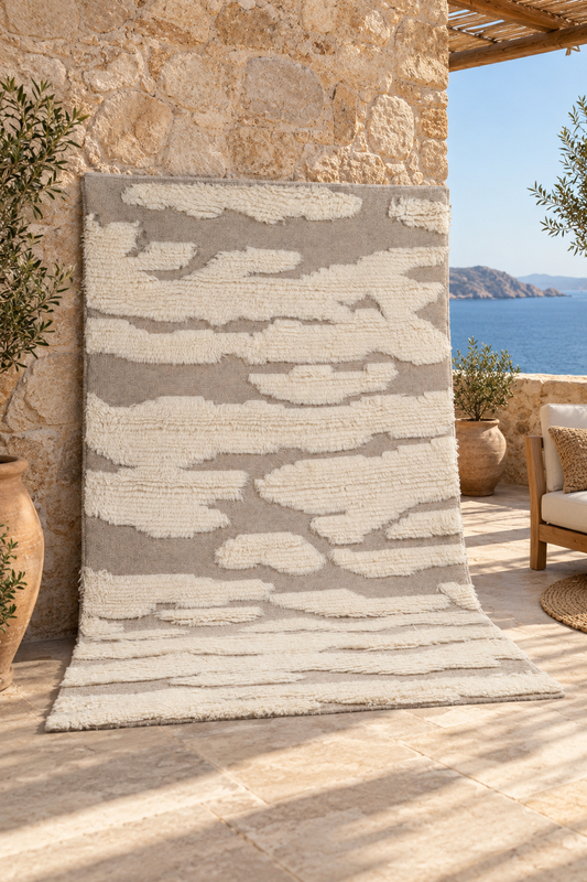 Hand Knotted Moroccan Wool Rug – Ivory Cream & Taupe Textured Geometric Area Rug