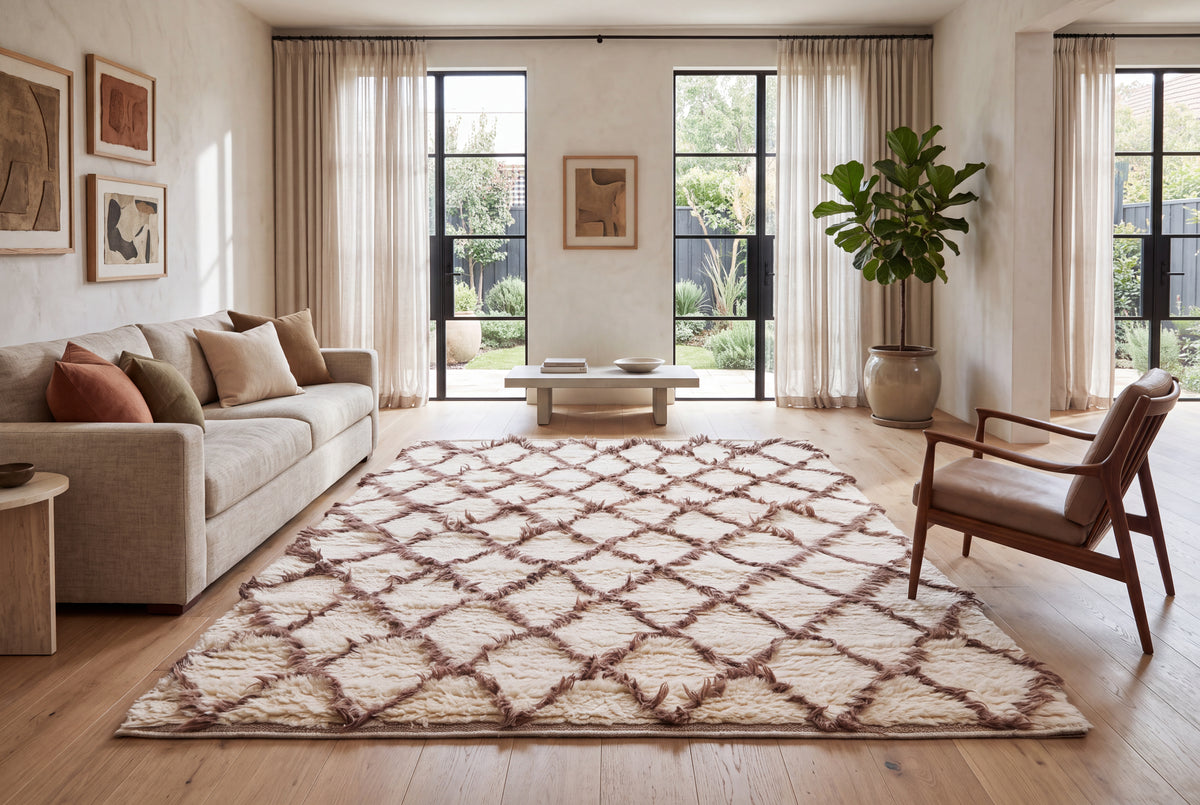 Moroccan wool rug, hand knotted Moroccan rug, Berber rug, cream Moroccan rug, brown diamond rug, handmade wool area rug, luxury Moroccan carpet, New Zealand wool rug, plush Moroccan rug, geometric wool rug