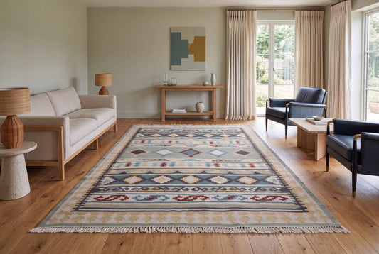 Handwoven Geometric Kilim Rug – Wool & Cotton Multicolor Durrie