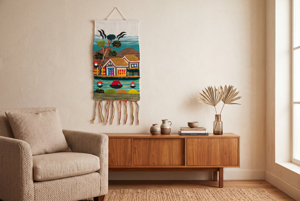 Handmade Coastal Village Tapestry, Woven Textile Art, Nautical Boho Wall Hanging (18x12 Inch)