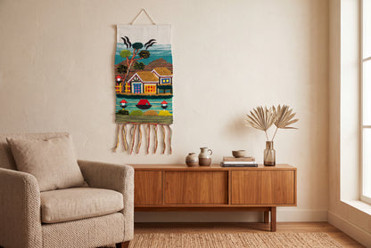 Handmade Coastal Village Tapestry, Woven Textile Art, Nautical Boho Wall Hanging (18x12 Inch)