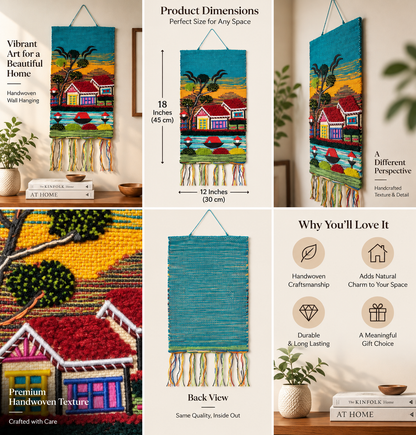 Handwoven Village Landscape Tapestry, 18x12 Inch, Colorful Boho Wall Hanging