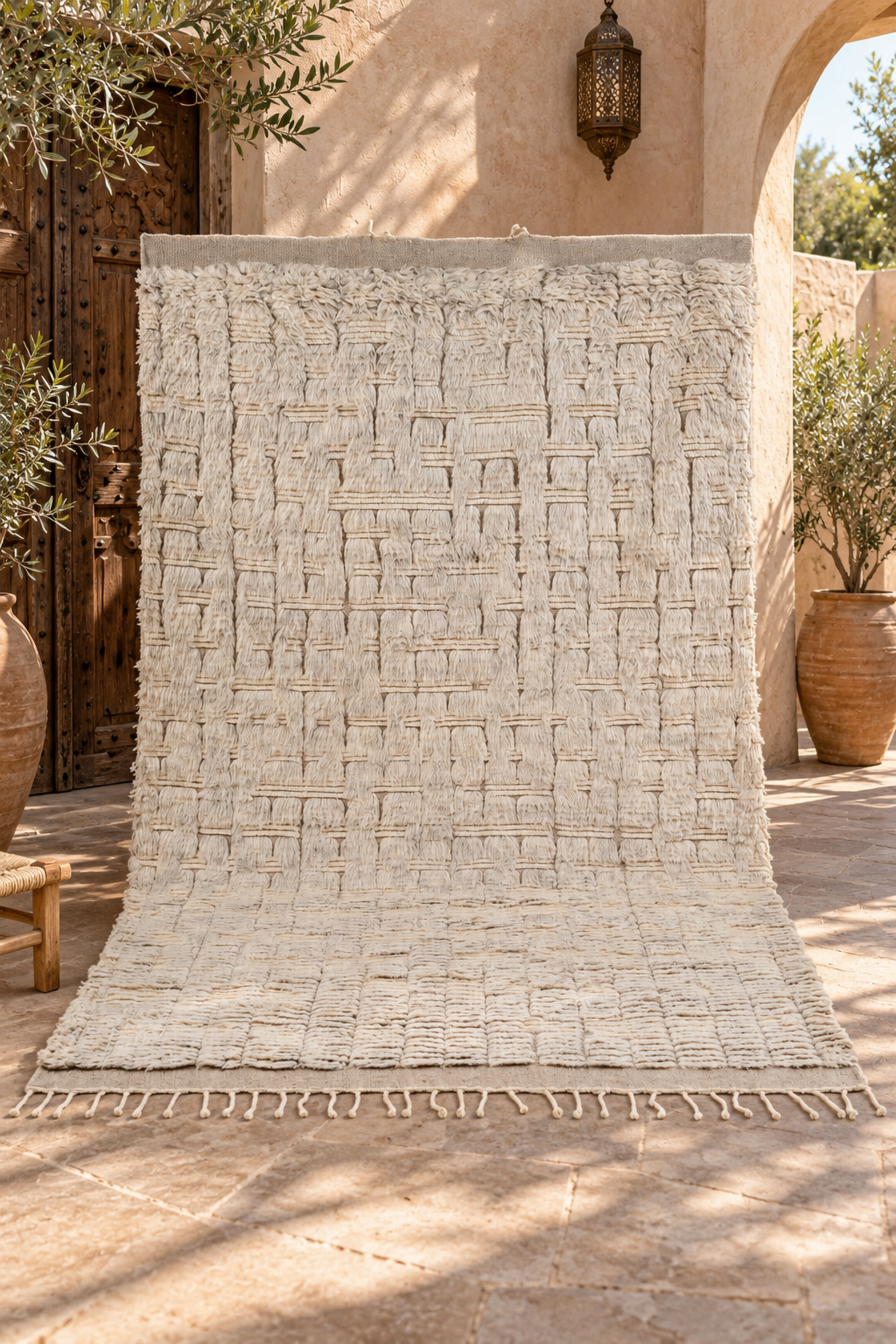 Hand Knotted Moroccan Wool Rug – Ivory Cream Textured Geometric Shaggy Area Rug