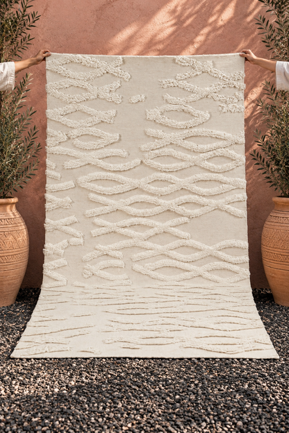 Moroccan Ivory Textured Wool Rug – Handcrafted Abstract Pattern Area Rug | Luxury Moroccan Rug