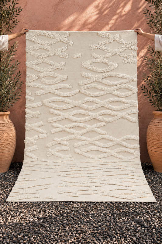 Moroccan Ivory Textured Wool Rug – Handcrafted Abstract Pattern Area Rug | Luxury Moroccan Rug
