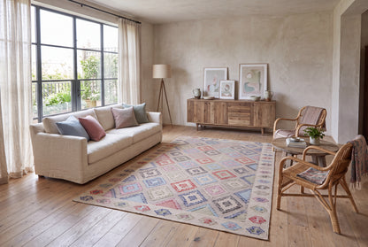 Pastel Geometric Kilim Wool Durrie Rug – Handwoven Ivory Multicolor Carpet