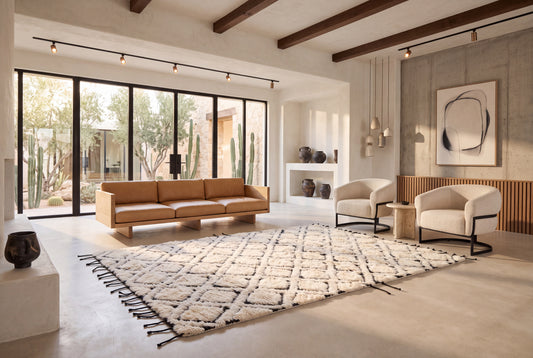 Hand Knotted Moroccan Wool Rug – Cream & Black Diamond Geometric Berber Rug, Plush Handmade Area Rug