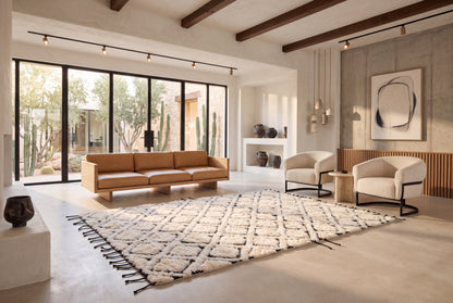 Hand Knotted Moroccan Wool Rug – Cream & Black Diamond Geometric Berber Rug, Plush Handmade Area Rug