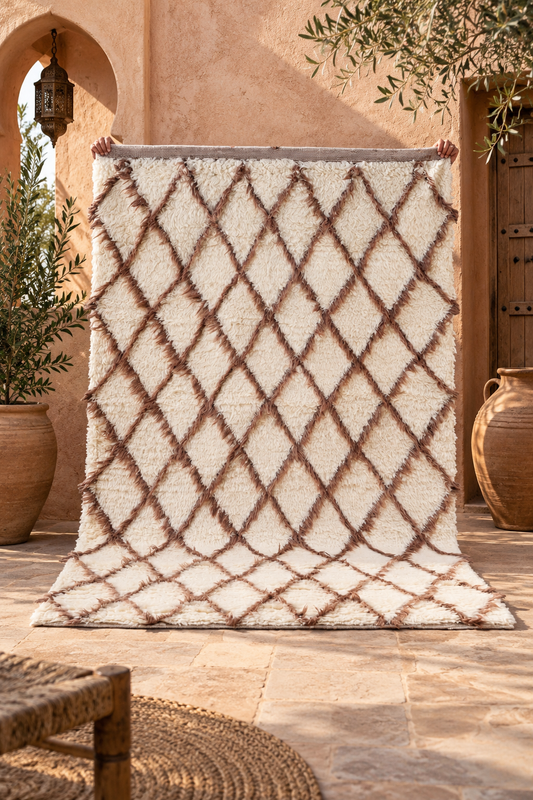 Moroccan wool rug, hand knotted Moroccan rug, Berber rug, cream Moroccan rug, brown diamond rug, handmade wool area rug, luxury Moroccan carpet, New Zealand wool rug, plush Moroccan rug, geometric wool rug
