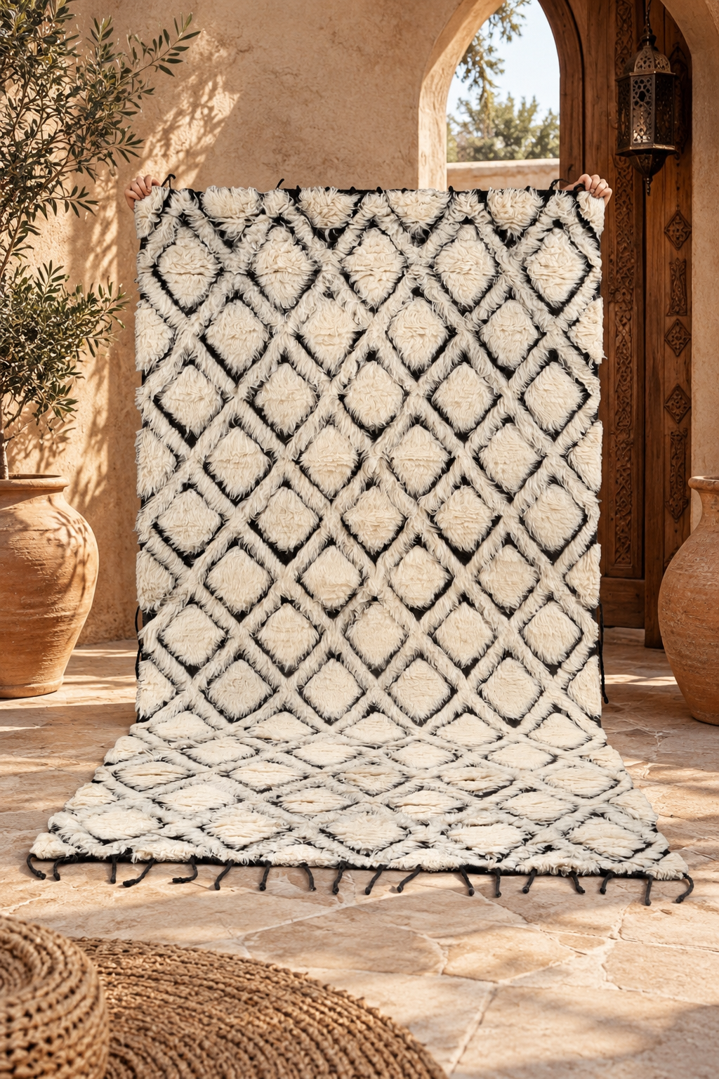 Hand Knotted Moroccan Wool Rug – Cream & Black Diamond Geometric Berber Rug, Plush Handmade Area Rug