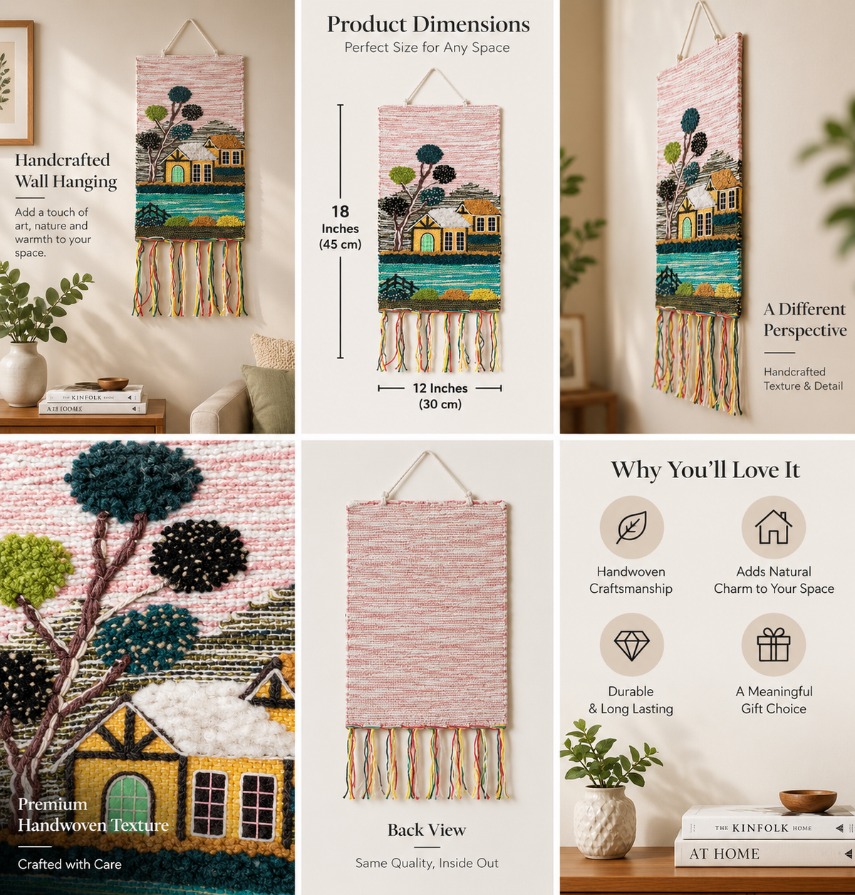 Handwoven Village House Tapestry, 18x12 Inch, Boho Cottage Landscape Wall Hanging