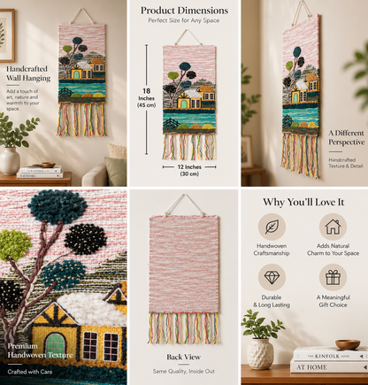 Handwoven Village House Tapestry, 18x12 Inch, Boho Cottage Landscape Wall Hanging