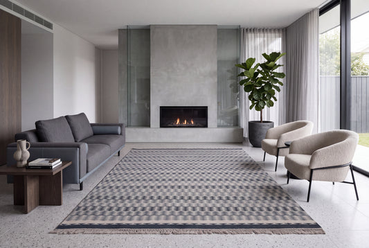 Scandinavian Grey Geometric Wool Durrie Rug – Handwoven Ivory Kilim Carpet