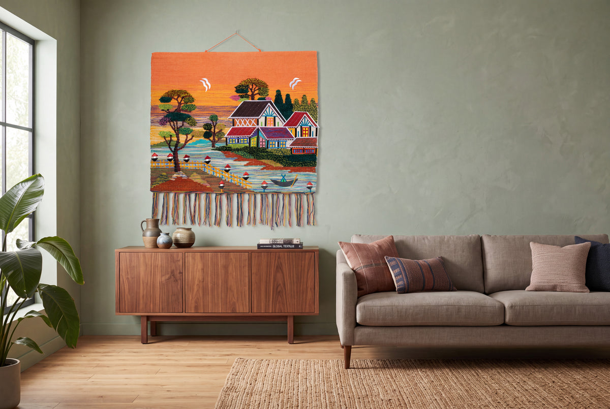 Handmade Coastal Village Tapestry, Woven Textile Art, Boho Home Decor (36x40)