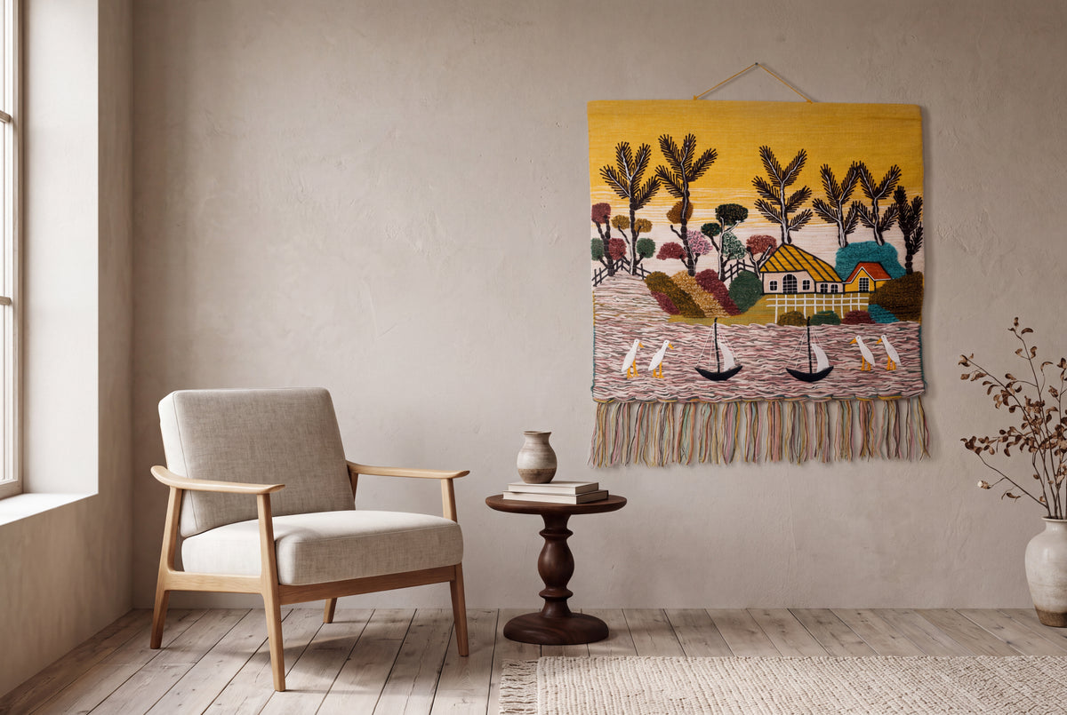 Handmade Coastal Village Tapestry, Woven Seaside Wall Art (36x40 Inch)